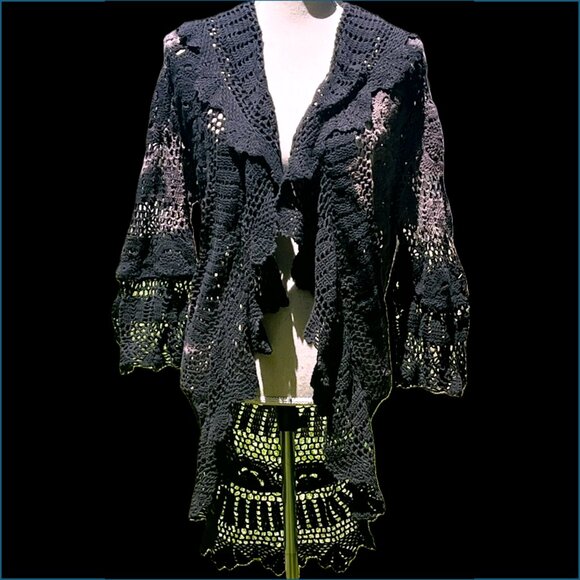 🆕 Stunning Hand-crocheted Tie-dyed 100% Cotton Flounce Coat (Blk/French Brown) - Picture 1 of 3